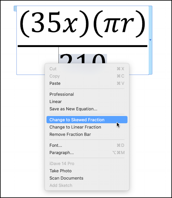 microsoft word fractions equations input - denominator context menu