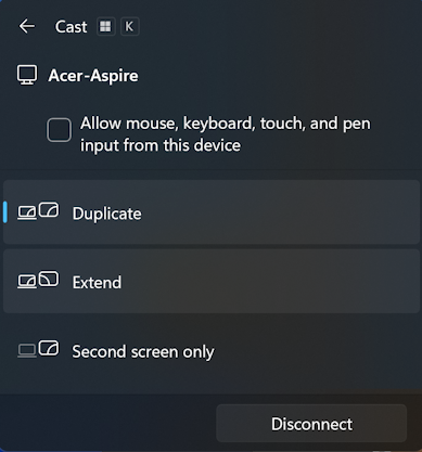 win11 shortcuts - cast screen to - extend mirror