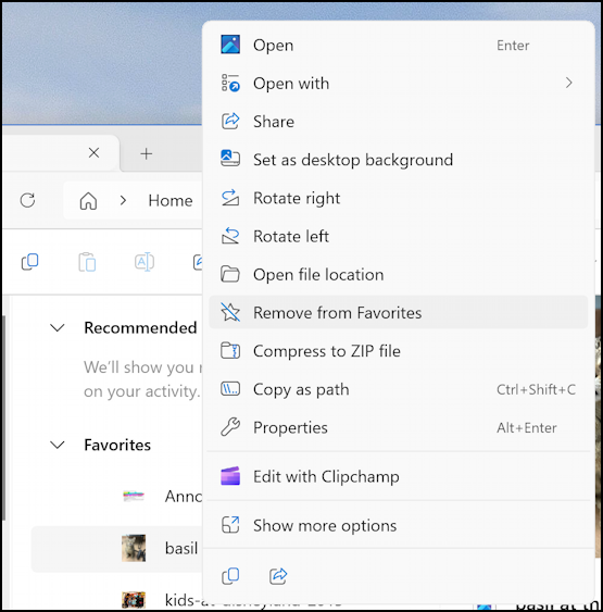 new win11 file explorer - remove from favorites