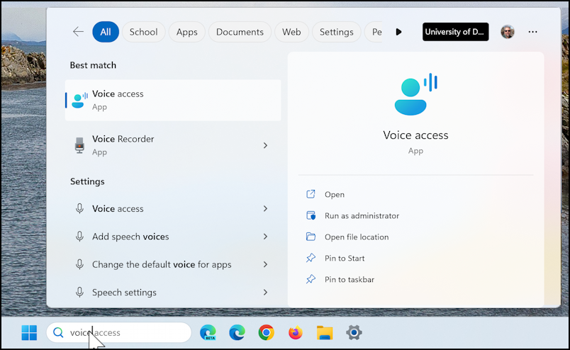 windows find app voice recorder - search taskbar for 'voice'