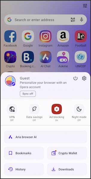 android 13 change default web browser opera - opera main menu