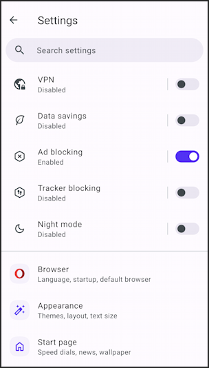 android 13 change default web browser opera - settings