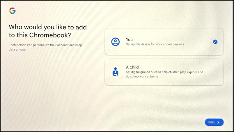 chromebook add new second user - add what type of account?