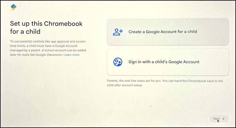 chromebook add new second user - setting up child user