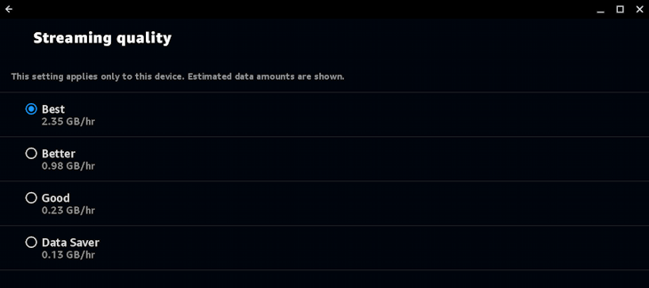 amazon prime video app chromeos chromebook - settings - streaming quality resolution bandwidth