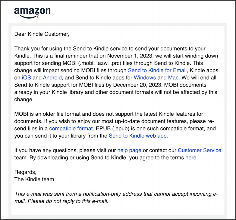 amazon kindle - ebook email - mobi being discontinued
