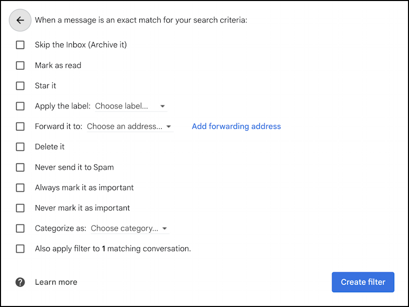 gmail plus notation email address filtering - specify actions 1