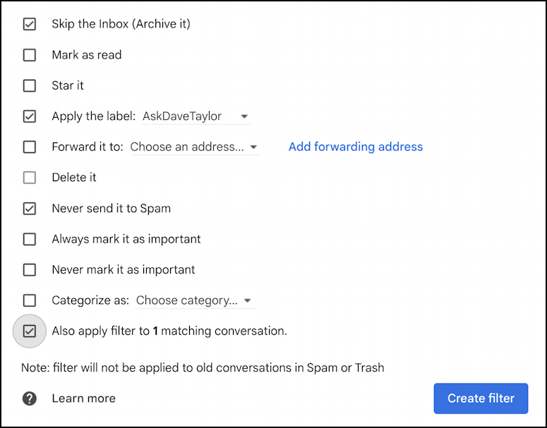 gmail plus notation email address filtering - final filter setup