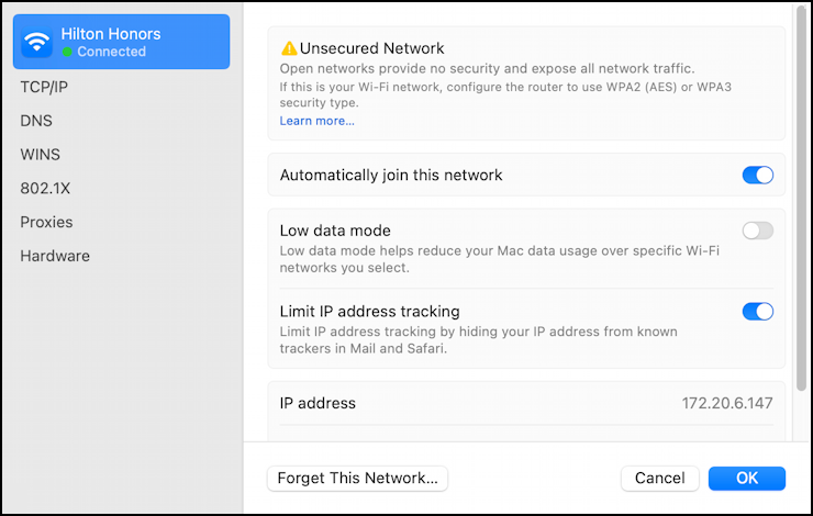 hilton hotels no wifi login prompt - settings > wireless > hilton honors > details