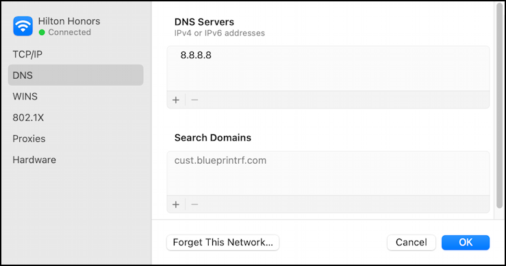 hilton hotels no wifi login prompt - dns servers mac macos