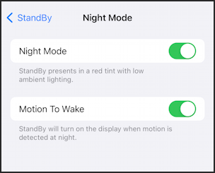 ios 17 iphone sideways lock screen STANDBY - settings > night mode