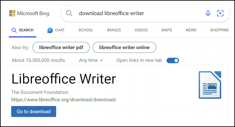 bing search for libreoffice writer