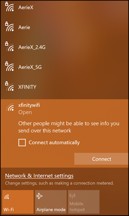 xfinitywifi connect from windows 10 win10 pc - connecting