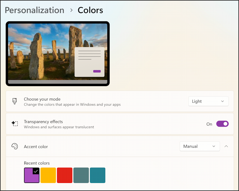 win11 taskbar color - settings - personalize - colors