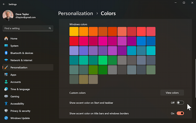 win11 taskbar color - settings - personalize - colors - choose a color