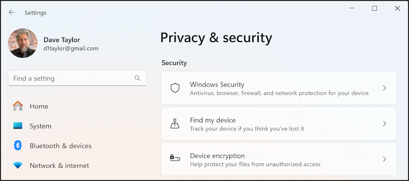 windows 11 privacy & security - main view