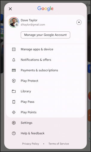 android app icons notification dot - google play store - profile menu