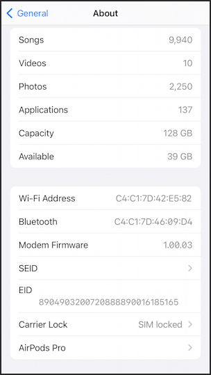 iphone ios airpods pro firmware - settings > general > about and airpods