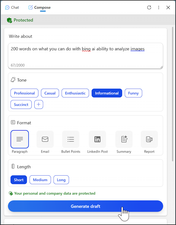 bing chat ai compose feature - prompt ready to compose