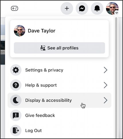 facebook light dark mode - main menu