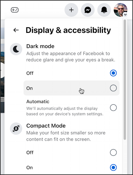facebook light dark mode - display and accessibility 