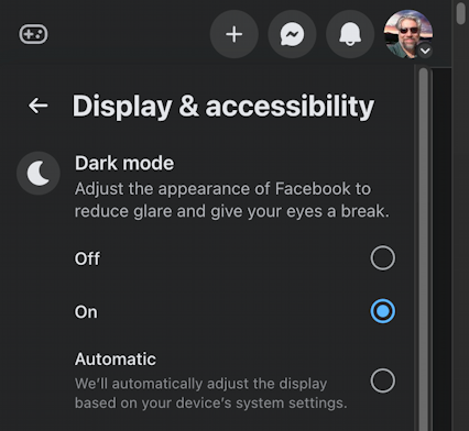 facebook light dark mode - display and accessibility - dark mode on