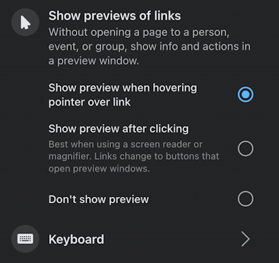 facebook light dark mode - display and accessibility - show link preview 