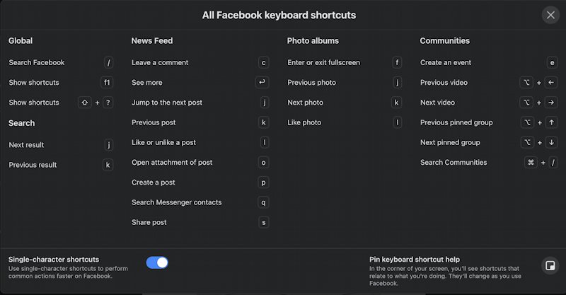 facebook light dark mode - display and accessibility keyboard shortcuts