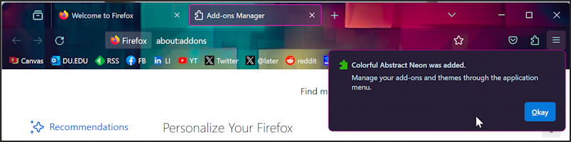 firefox windows add theme - colorful neon theme applied