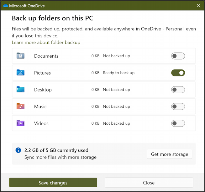 microsoft onedrive - manage backup