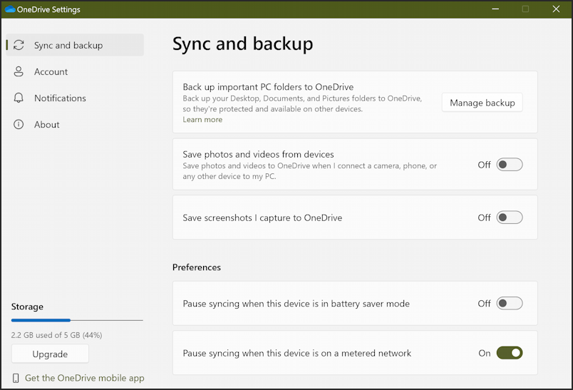 microsoft onedrive - sync and backup settings preferences
