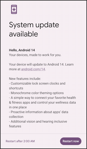 update pixel phone to android 14 - restart now