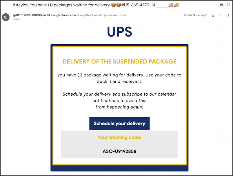 ups delivery spam scam email - initial message