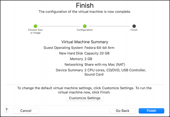 install fedora linux arm in vmware fusion mac - installation summary