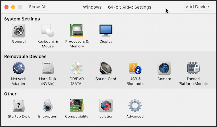 vmware fusion win11 install m1 m2 - settings panel