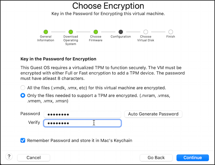 vmware fusion win11 install m1 m2 - choose encryption