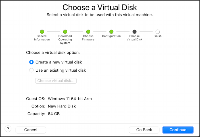 vmware fusion win11 install m1 m2 - choose virtual disk