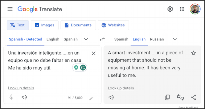 translating web text language - google translate spanish to english