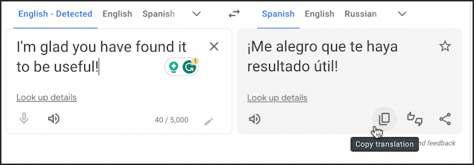 translating web text language - google translate english to spanish