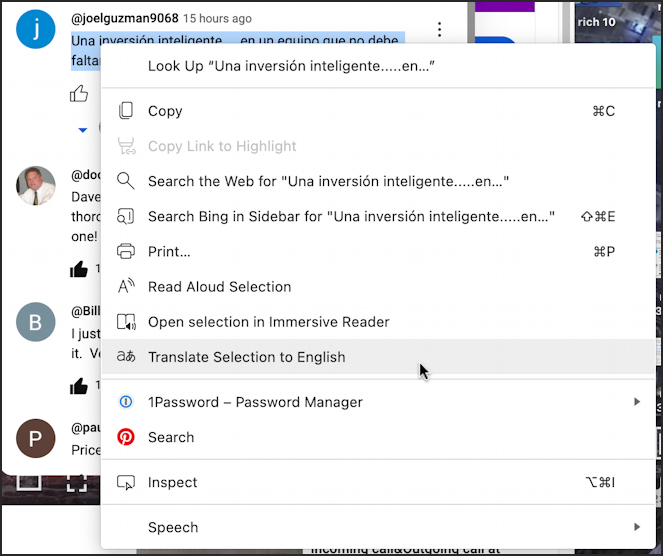 translating web text language - microsoft edge built in translator
