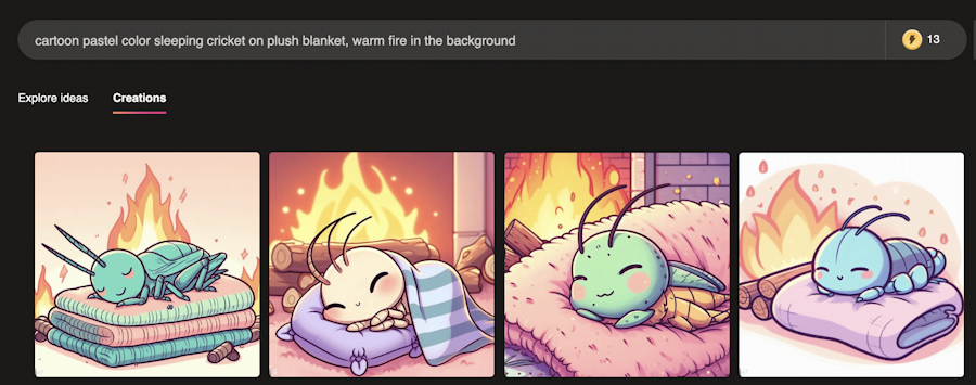 bing ai image search dall-e - pastel cartoon sleeping crickets in front of fire