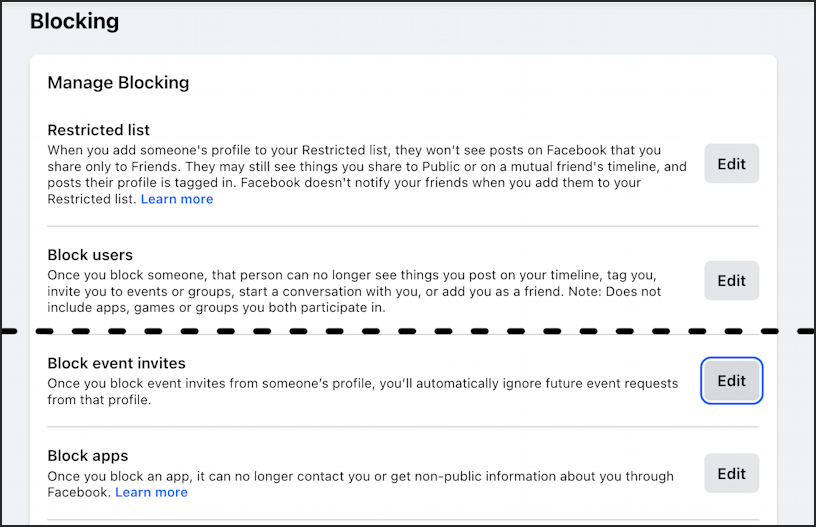 facebook block event invites - settings > block