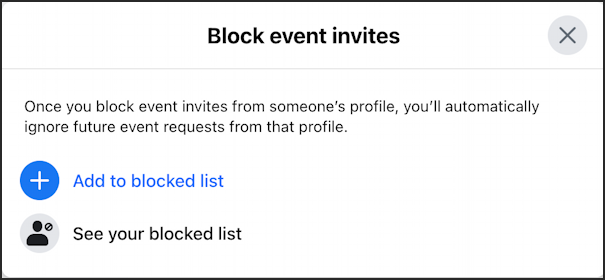 facebook block event invites - settings > block > events