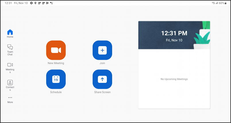 zoom android setup meeting - home screen