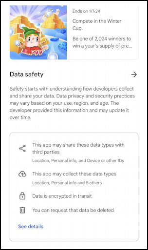 google play store android intro basics - candy crush saga - data safety