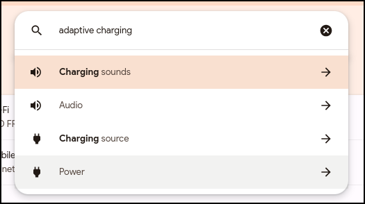 chromeos 117 adaptive charging - settings search