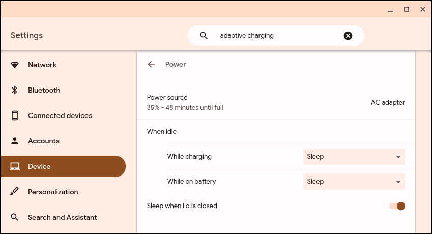 chromeos 117 adaptive charging - settings > power