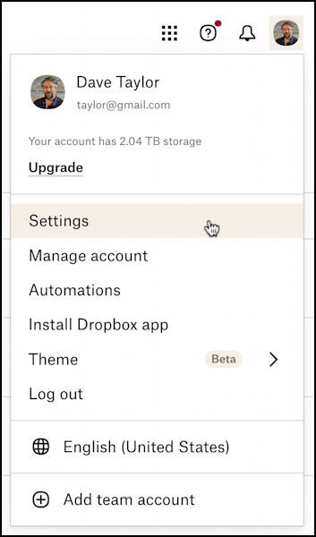 dropbox disable third-party ai - web account menu