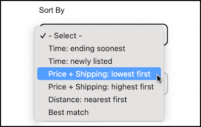 ebay advanced power search - sort order: price lowest
