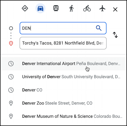 google maps later time delayed directions - origin search: DEN